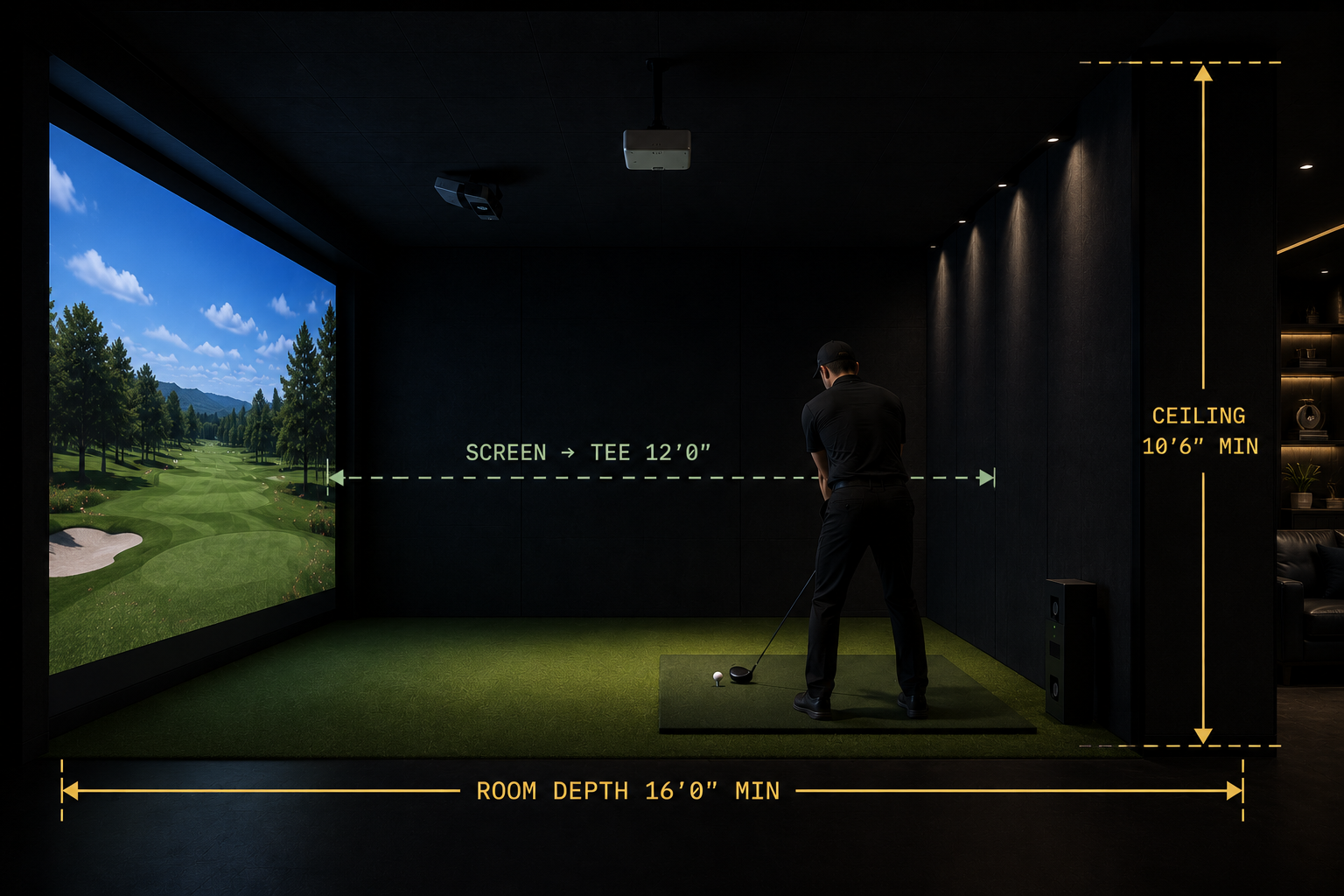 Side elevation of a simulator room showing minimum dimensions: 16 feet depth, 10 foot 6 inch ceiling, 12 feet from screen to tee
